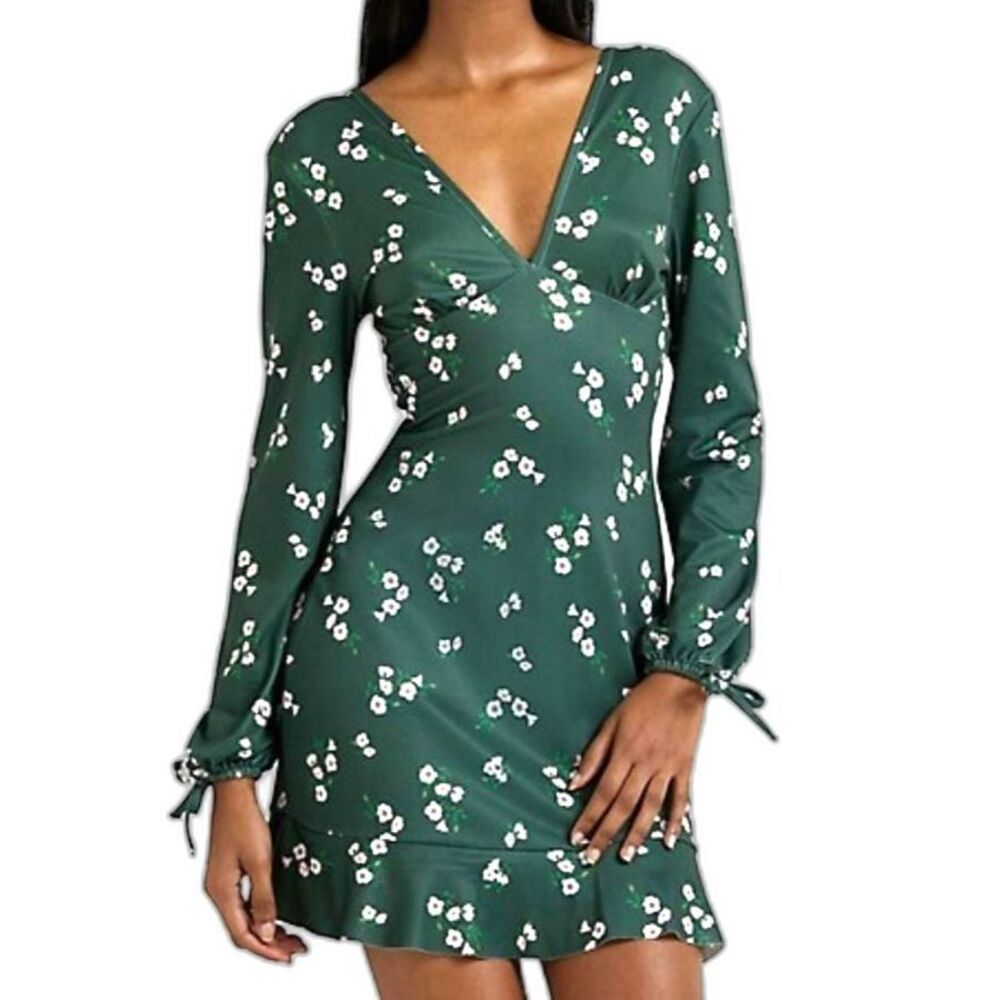 River Island NWT Green Floral Long Sleeve Empire-Waist Tie-Back Mini Dress Sz 10